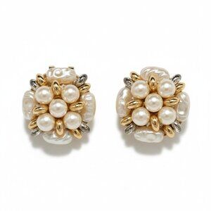 Vintage Gold-Tone Faux Pearl & Rhinestone Cluster Clip-On Earrings 1 Inch Diamet
